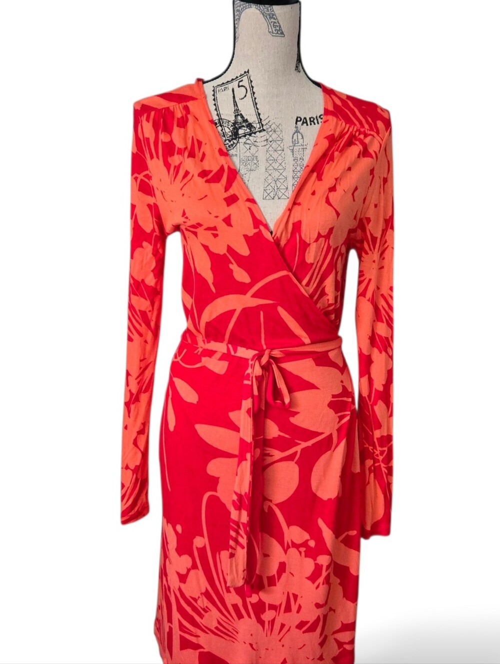 Old Navy Womens Red Floral Wrap V Neck Long Sleeve Knee Length Dress Size PM